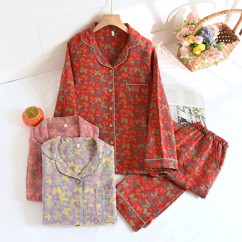 Национальный стиль трикотажный хлопчатобумажный пижама женский весенний и осенний кардиган с длинными рукавами