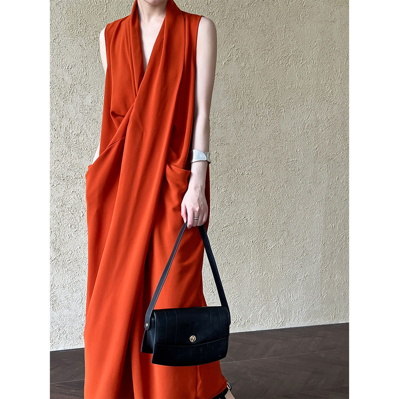Luxi Elegant V-neck Sleeveless Kink Waist dress Women's Slimming Irregular High-end Hong Kong-style Long Skirt 3985