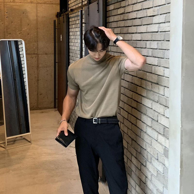 아스클로 트렌디 한 하프 하이 칼라 터틀넥 니트 티셔츠 한국 스타일 간단한 하이 레벨 남성용 새로운 멋진 통기성 반소매 셔츠