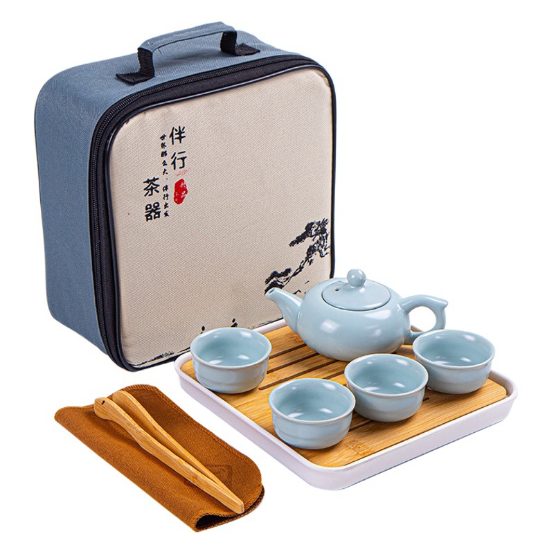 Ge Kiln Coil Pot One Pot Four Cups Tea Set Travel Tea Set Square Bag Portable Tea Set Mid-Autumn Festival Gift Set