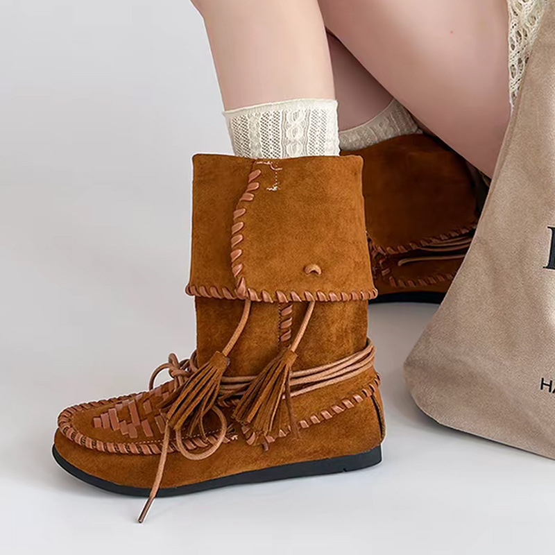 2025秋冬季新款复古3cm内增高流苏编织绑带拳击靴百搭显瘦堆堆靴