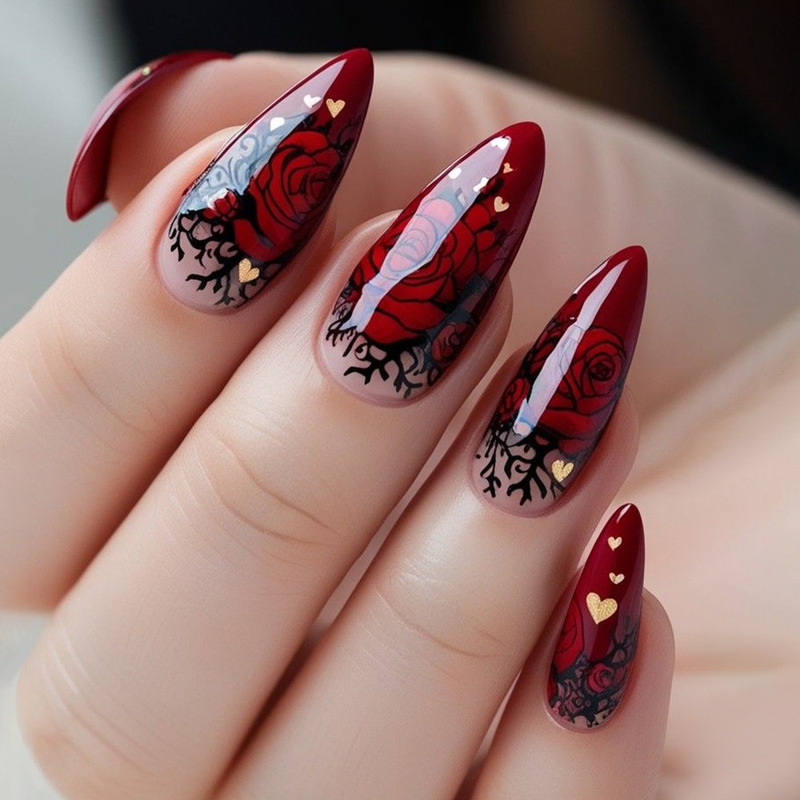 Foreign Trade Valentine's Day Retro Wine Red Wearable Nails Romantic Rose French Fake Nails 24 Pieces Best-Selling Manicure Nails