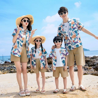 2024夏季新款三件套亲子装沙滩款一家四口夏季休闲套装