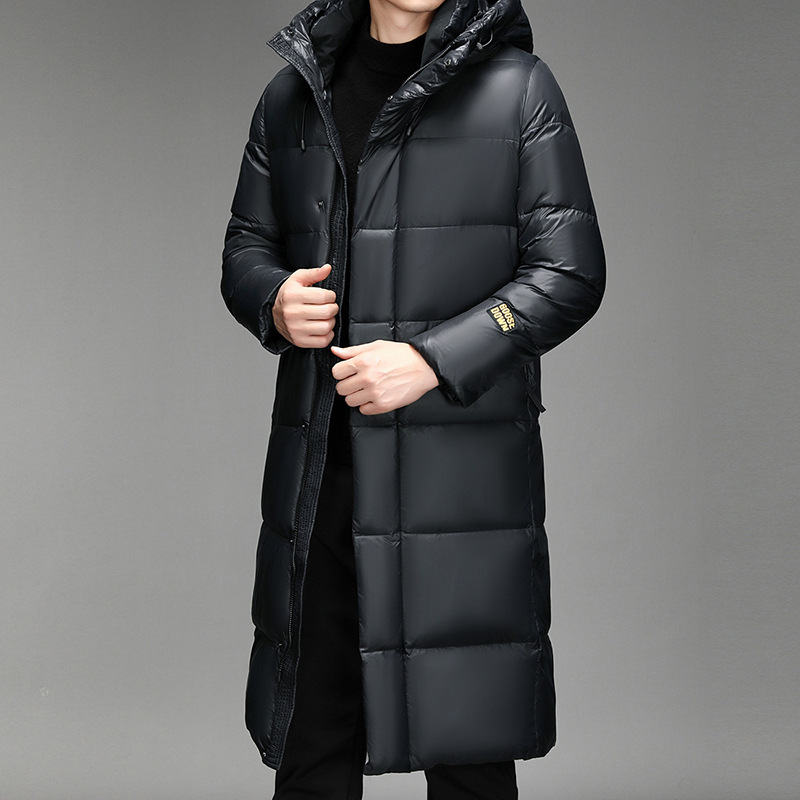 Long knee-length wholesale black gold bright down jacket men's and women's hooded super long knee-length thick white goose down coat