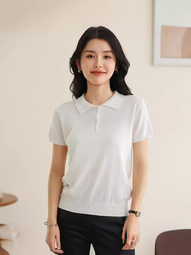 Spring and Summer New 100% Cotton Polo Neck Half Sleeve Women's Basic Simple Versatile Casual Underwear Knitted Vest T-Shirt 