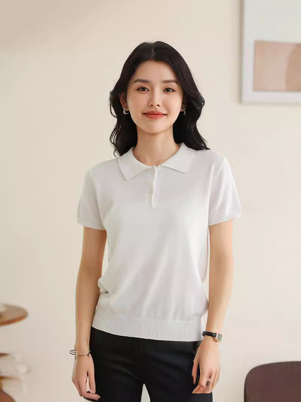 Spring and Summer 100% Pure Cotton Polo Collar Short-Sleeve Women's Simple Versatile Casual Base Knit Vest T-Shirt Commuter Style
