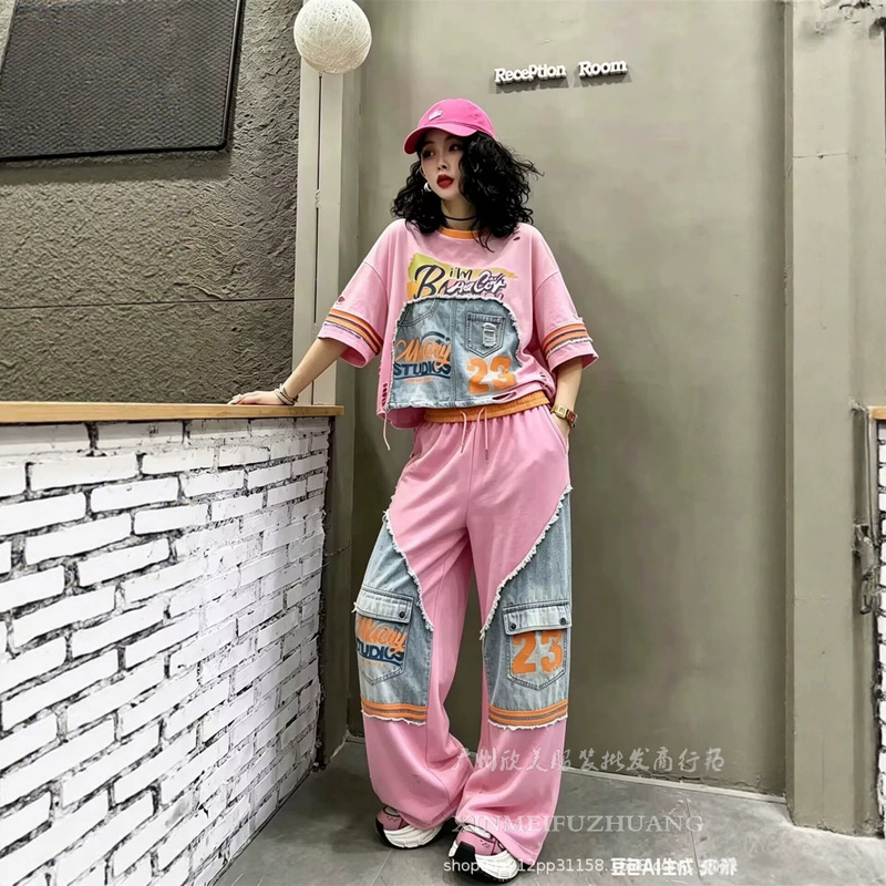 European Fashion Set for Women 2026 Summer New Letter Print Patchwork Denim Loose Short-Sleeve T-Shirt Straight-Leg Pants European Fashion Set for Women 2026 Summer New Letter Print Patchwork Denim Loose Short-Sleeve T-Shirt Straight-Leg Pants