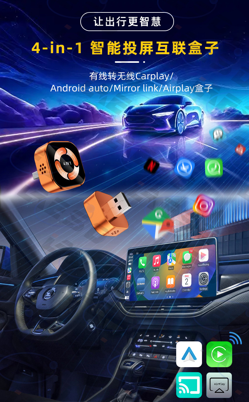 Wired to wireless carplay box, four-in-one mirror screen projection, car-mounted intelligent reverse control carplay box