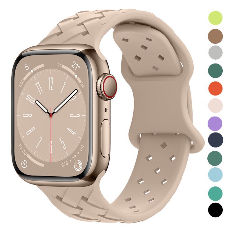 适用于苹果 iwatch1-8代/ultra 苹果表带 竹编纹纯色蕾丝硅胶表带