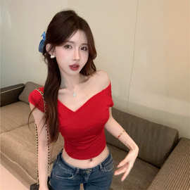 美式红色交叉v领短袖t恤女夏季纯欲内搭设计感小众甜辣妹短款上衣