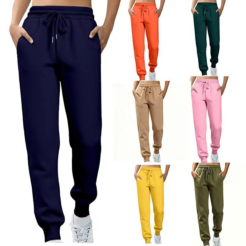 Women's Sports Pants for Export, Autumn and Winter Fleece Joggers, Running Long Pants, Trendy Elastic Waist Slim-Fit Pants Wholesale