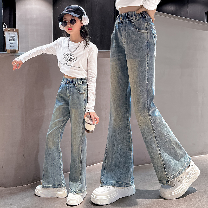 Girl's Bell-bottom Pants 2024 New Fashion Pants Spring and Autumn Slim Fit Long Pants Children's Spring Outfit for Girls Teenage Girls Denim Jeans