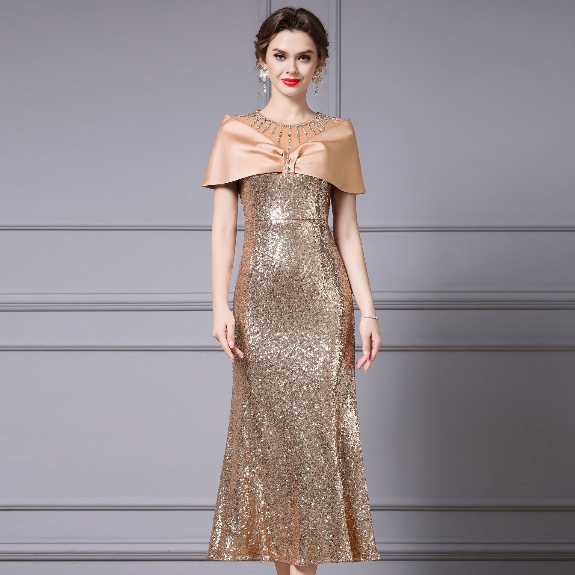 Zhili High-Class Socialite Dress for Summer 2026, New Model for Tall Women, Gold Sequin High-End Gown, Long Style