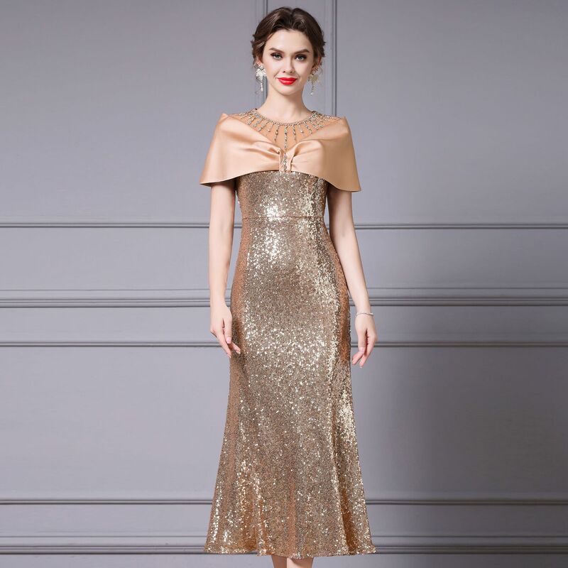 Zhili High-Class Socialite Dress for Summer 2026, New Model for Tall Women, Gold Sequin High-End Gown, Long Style Zhili High-Class Socialite Dress for Summer 2026, New Model for Tall Women, Gold Sequin High-End Gown, Long Style