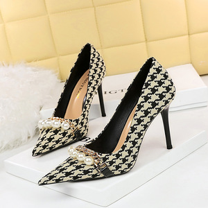 9283-1 European and American style thousand bird check high heel shoes thin heel high heel shallow mouth pointed pearl c