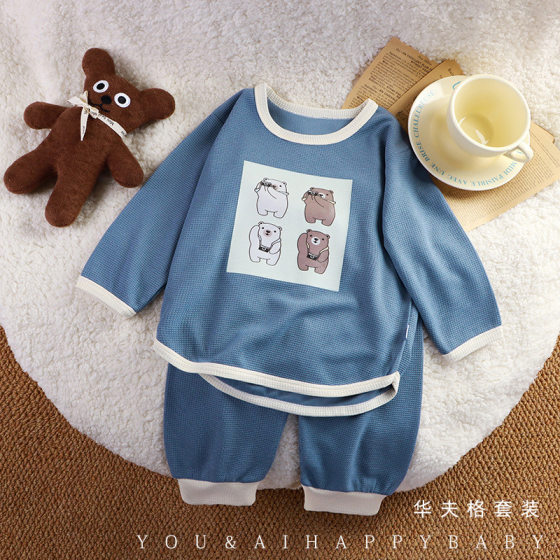 Korean Style Children's suit Cartoon Casual Wafflour suit Baby Spring and Autumn Loose Sports Western Style Two-piece Set