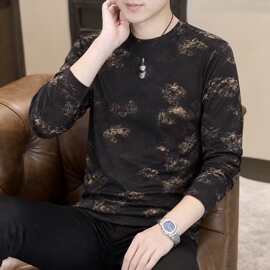 高档秋季新款玫瑰圆领长袖T恤男士时尚休闲百搭轻奢品质男装2241