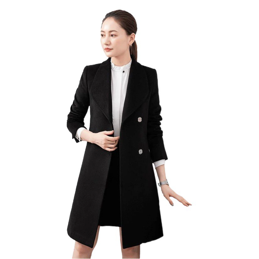 Деловая одежда Шерстяное пальто Комбинезоны Женское зимнее приталенное шерстяное пальто большого размера с узкой талией и длинным коленом на стойке регистрации отеля