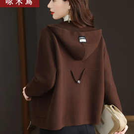 啄木鸟时髦外套小个子短款双面呢秋冬新款长袖连帽羊毛大衣洋气