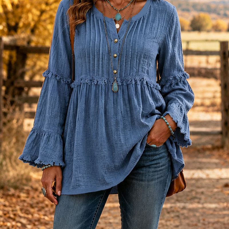 2026 European and American Women's Fashion Amazon Independent Site Lace Loose Shirt Tassel Patchwork Top Buttoned Casual Sweatshirt 2026 European and American Women's Fashion Amazon Independent Site Lace Loose Shirt Tassel Patchwork Top Buttoned Casual Sweatshirt
