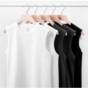 Heavy Weight Cotton Men's Wide Shoulder Vest Pure Cotton Sleeveless T-Shirt Summer Loose Round Neck Sports Pure Color Fitness Leisure