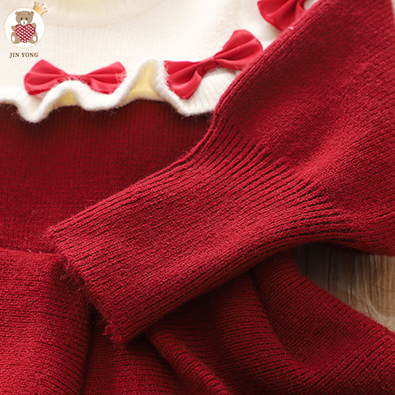 Autumn and Winter New Bow Girl's Woolen Children's Clothing Red Cute Knitted Long Dress_voghion.com