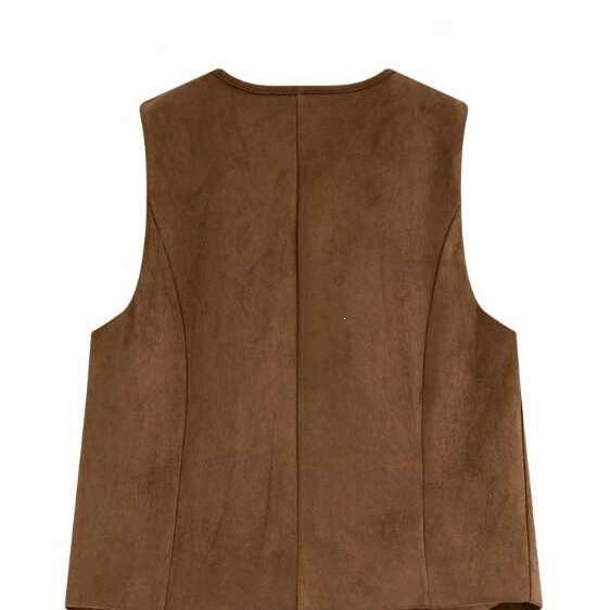 Brown fringed vest for women, suitable for spring and autumn, with a tie collar, old money style, vintage layered sleeveless short coat
