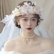 森系復古新娘花朵發箍頭紗飾品新款簡約小清新油畫風寫真禮服婚飾