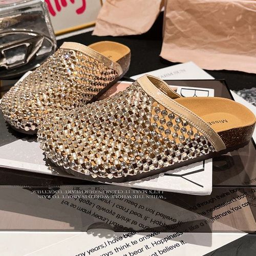 2025 Summer Water Diamond Full Diamond Fishing Net Toe Cap Big Toe Cap Half Slippers Sandals Tobuck Shoes Flat Bottom Women's Shoes 
