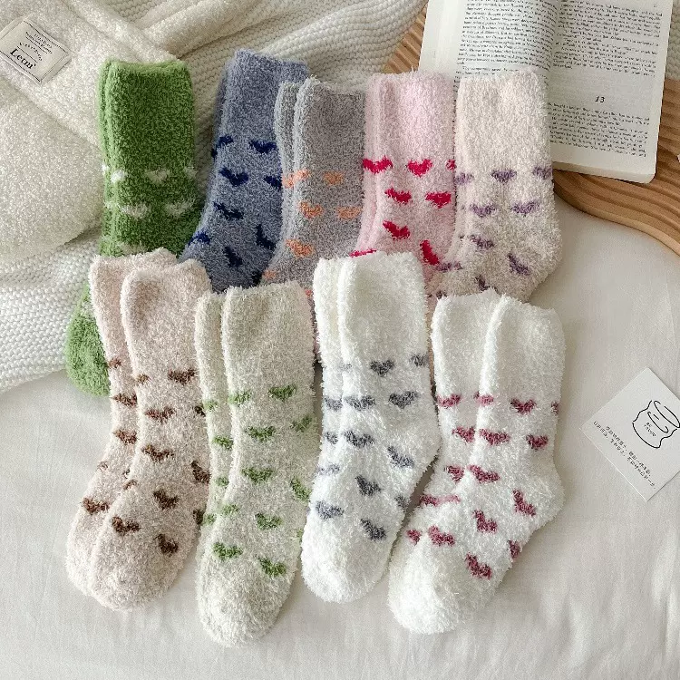 7A抗菌秋冬珊瑚绒地板袜女可爱半边绒翻口爱心睡眠加厚保暖中筒袜