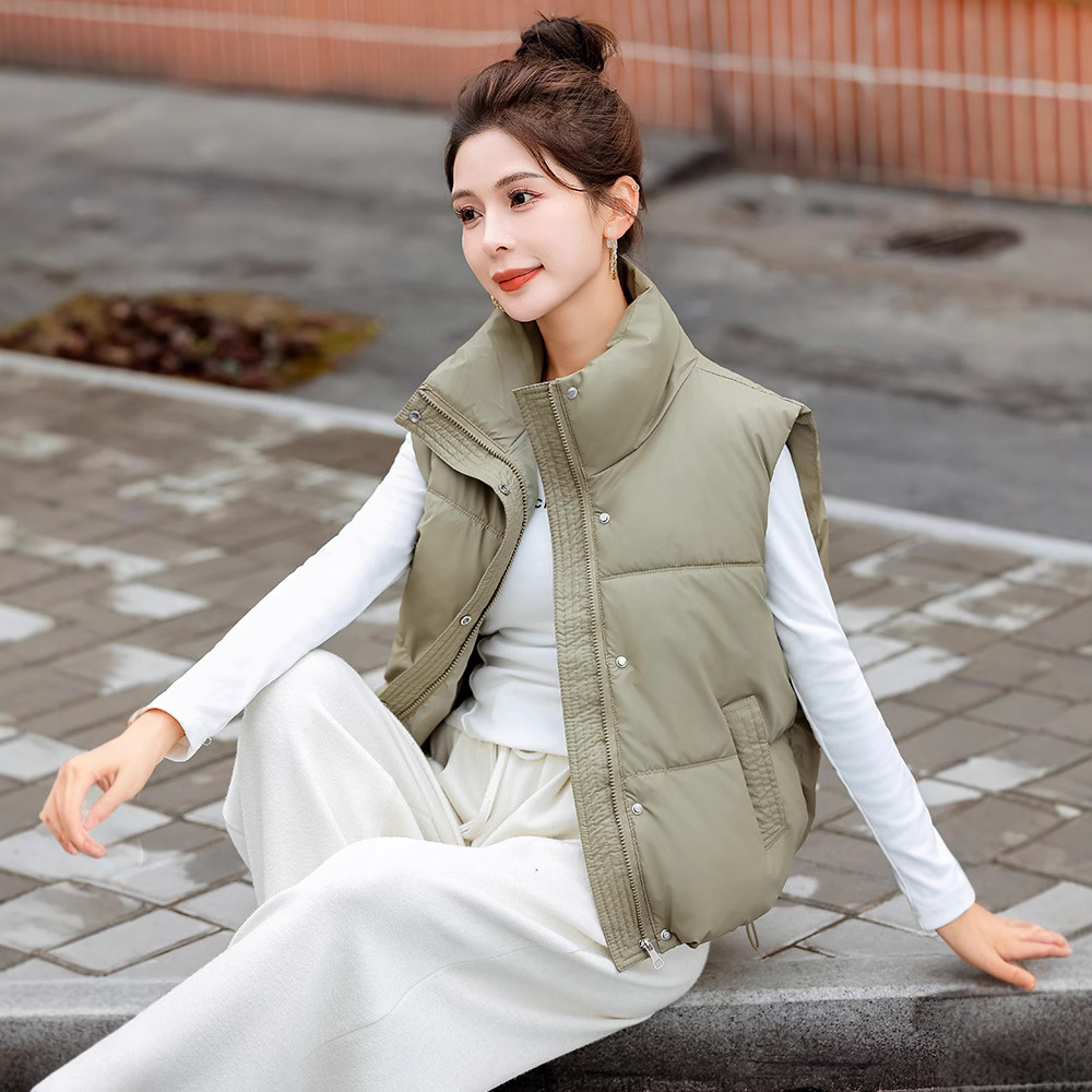 Chaleco de algodón de pluma para mujeres 2024 otoño y invierno nuevo estilo coreano de algodón suelto hombro collar de collar de algodón de color sólido chaleco