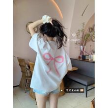 100%纯棉美式休闲白色短袖T恤女夏季简约蝴蝶结印花中长款上衣ins