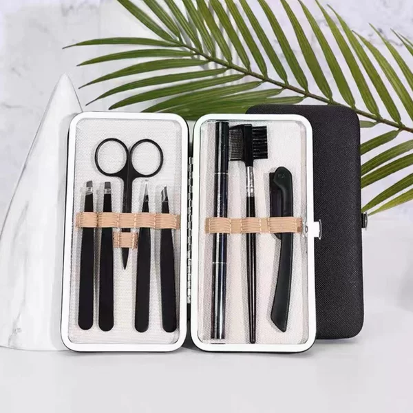 Wholesale in stock black multifunctional eyebrow trimming tool eyebrow clip eyebrow knife eyebrow pencil eyebrow brush set box eyebrow trimming 8-piece set