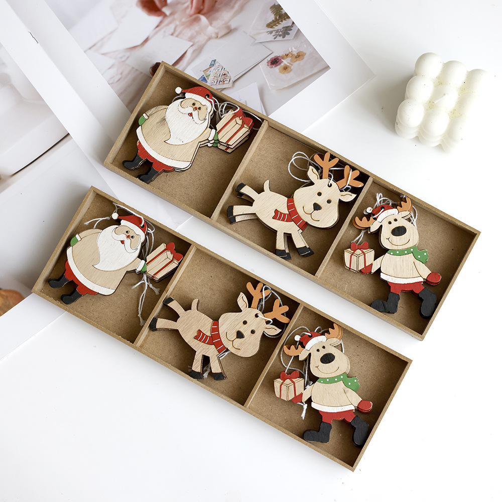 Alce colgante de madera dibujos animados viejos árbol de Navidad colgante muñeco de nieve caja de madera creativa decoración navideña transfronteriza