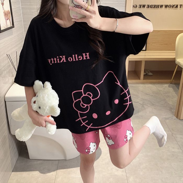 Venta al por mayor transfronteriza verano nuevo estilo cuello redondo pijamas estampados de dibujos animados pantalones cortos de manga corta para mujer