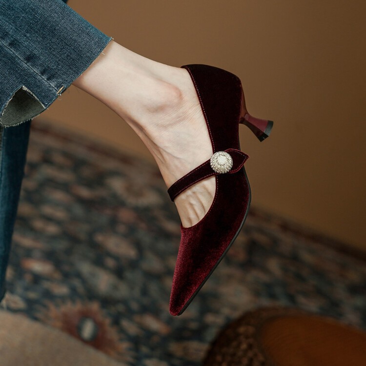 2025 Winter High Heels Sexy Pointed Toe Single Shoes With Pearl Detail, Suede, New Thin Heel, Versatile For Women's_vogvips.com