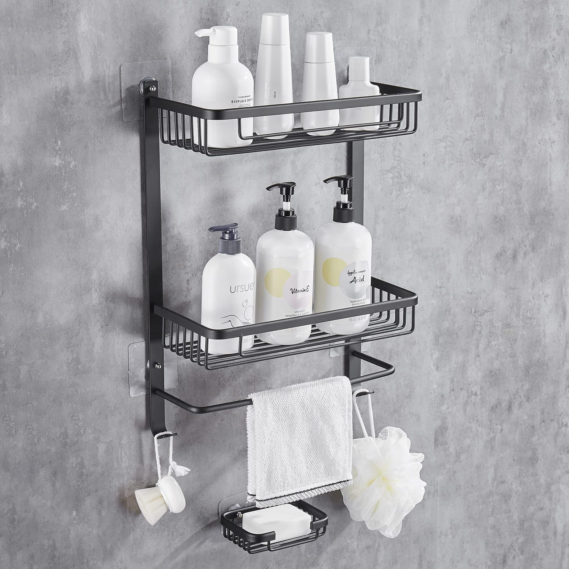 Bathroom shower rack wall shelf self-adhesive aluminum with Hook free drilling basket bathroom rack with towel rack and soap tray