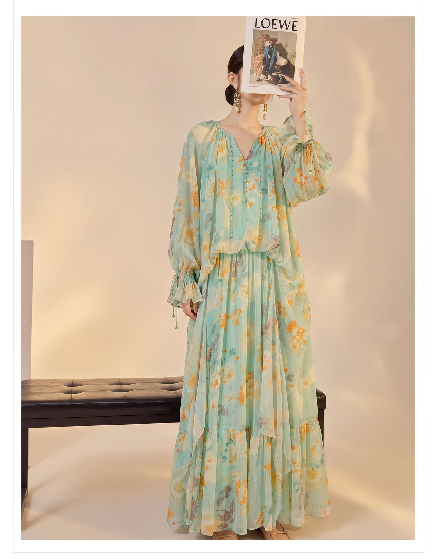 Váy maxi nữ phong cách Trung Quốc mới in họa tiết giả hai lớp thiết kế dáng dài mùa hè — Thiên Thanh chi tiết 10