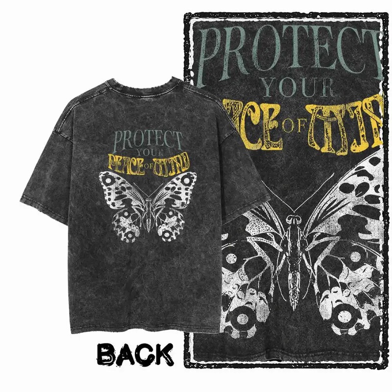 G08 Back Printed Cotton Men's Retro Butterfly Pattern T-Shirt | Acid Wash Streetwear Big Size Cool O Neck Men's T-Shirt