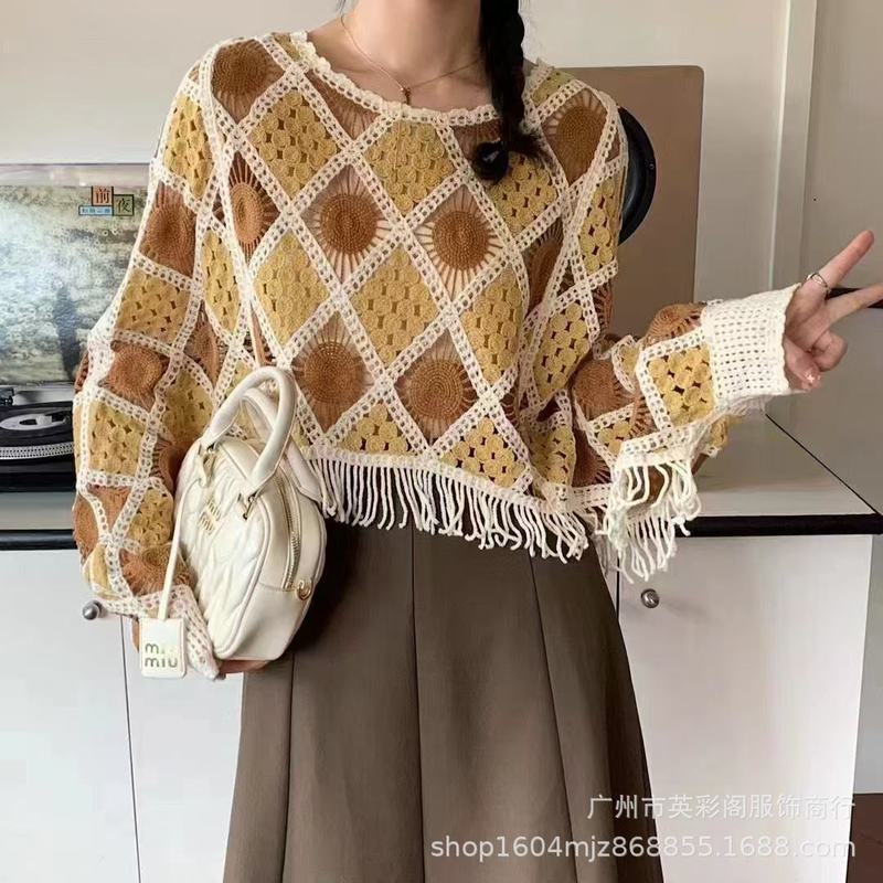 西洋スタイル秋の新レトロファッションかぎ針編みニットカーディガン女性のデザインニッチタッセルセータージャケットトップ|undefined