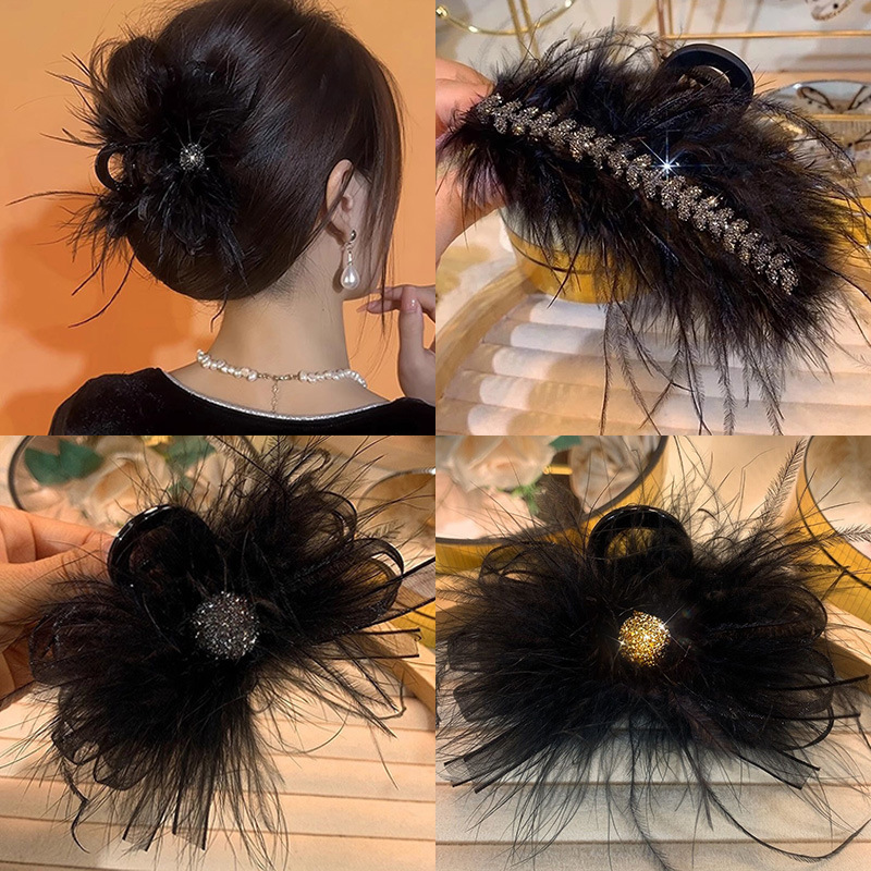 2026 New Style Bowknot Black Feather Hair Clip for Women, High-End Shark Clip Hairpin