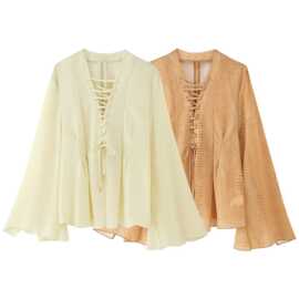 速卖通批发夏季新款女装百搭纯色套头V领绑带饰喇叭袖雪纺上衣