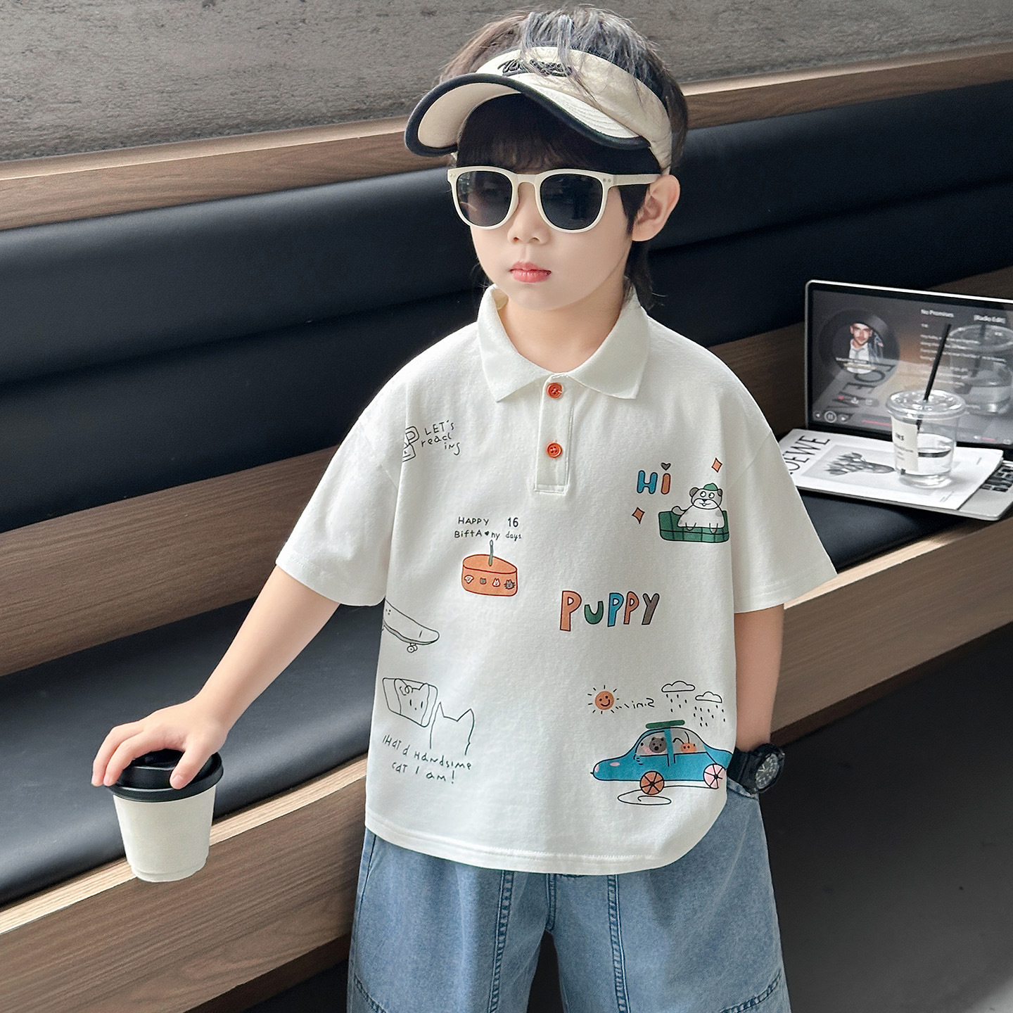 X333儿童新款童趣涂鸦POLO衫夏季男童女童圆领潮流上衣韩版短袖