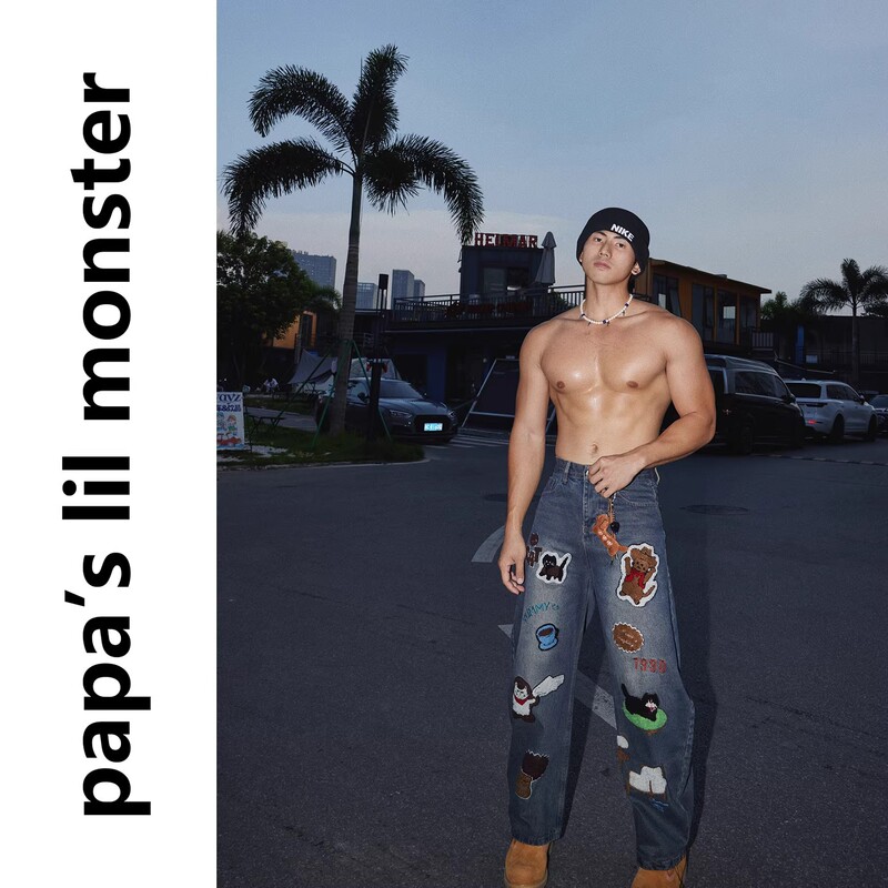 Papaslilmonster【Cute Cowboy】American Retro Cartoon Embroidered Jeans Loose Long Pants for Men Papaslilmonster【Cute Cowboy】American Retro Cartoon Embroidered Jeans Loose Long Pants for Men