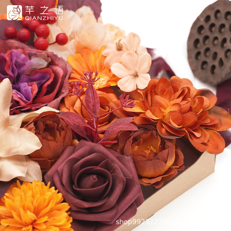 亞馬遜熱賣秋季暖橙紅色仿真絹布花盒婚禮訂婚儀式用品新娘伴娘捧