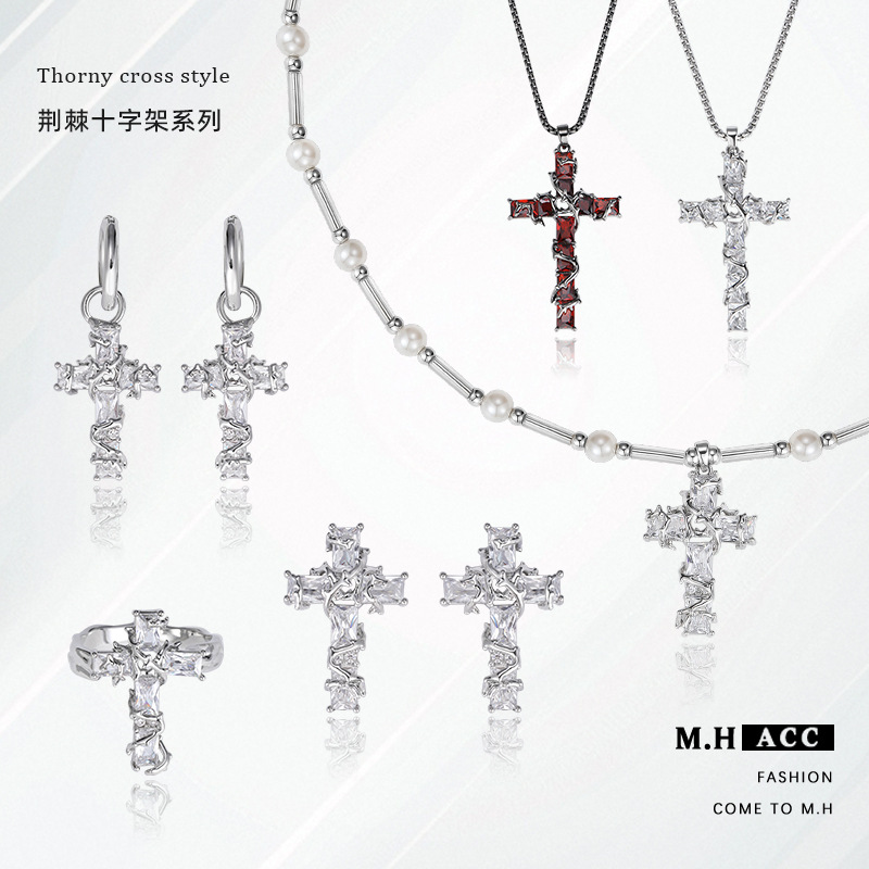 Sweet and Cool Temperament Thorn Cross Series Unique Stylish High-End Niche Fashion Necklace Earrings Ring Women's Model