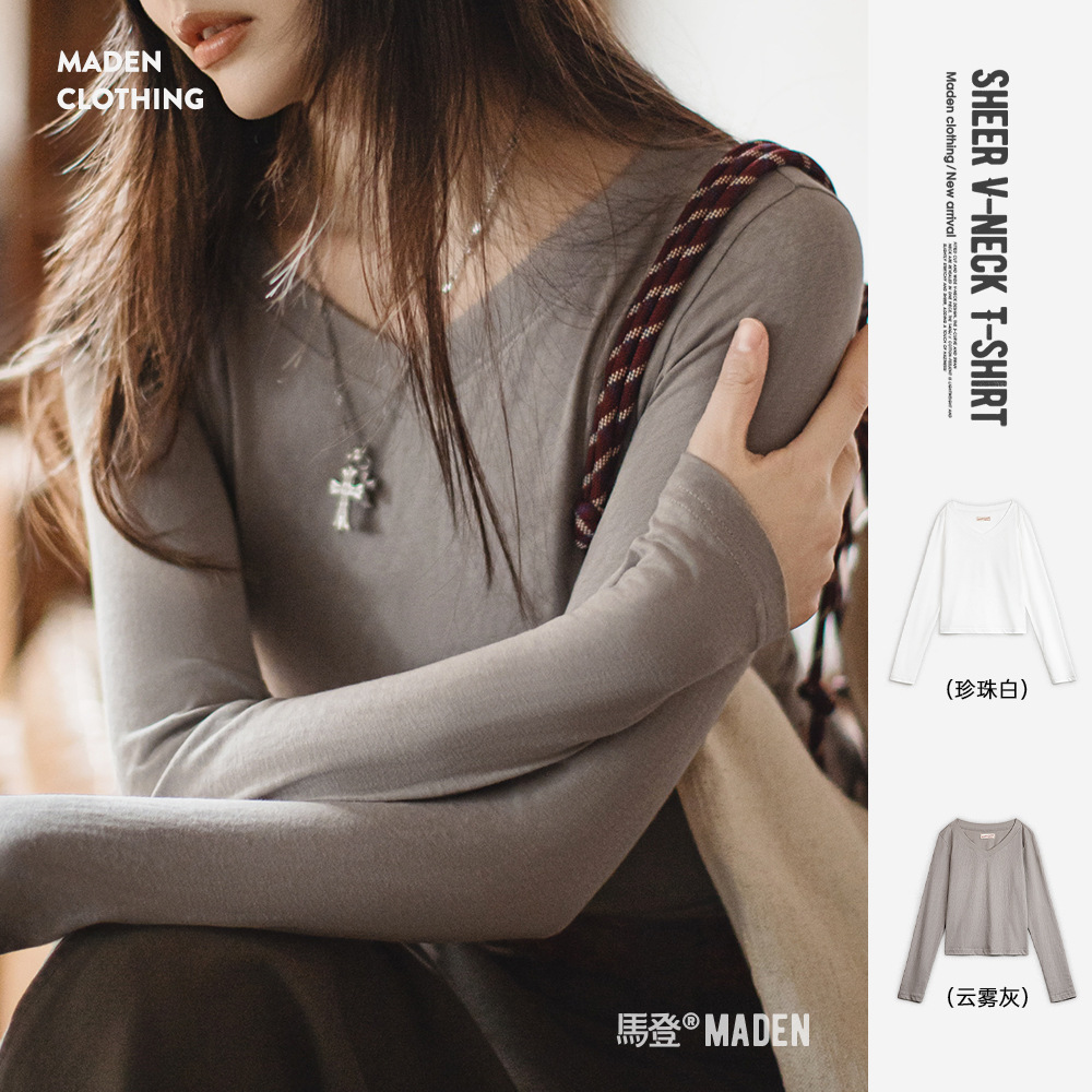 Maden V Neck Clavicle Mask T-Shirt Cotton Elastic Slimming Skin Base Layer Inner Layering Knitwear Spring & Fall Women