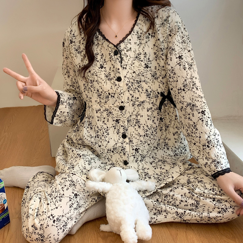 Xiyue pure cotton ruffled cloth pregnant women nursing suit gauze spring long-sleeved trousers maternity casual pending confinement clothes