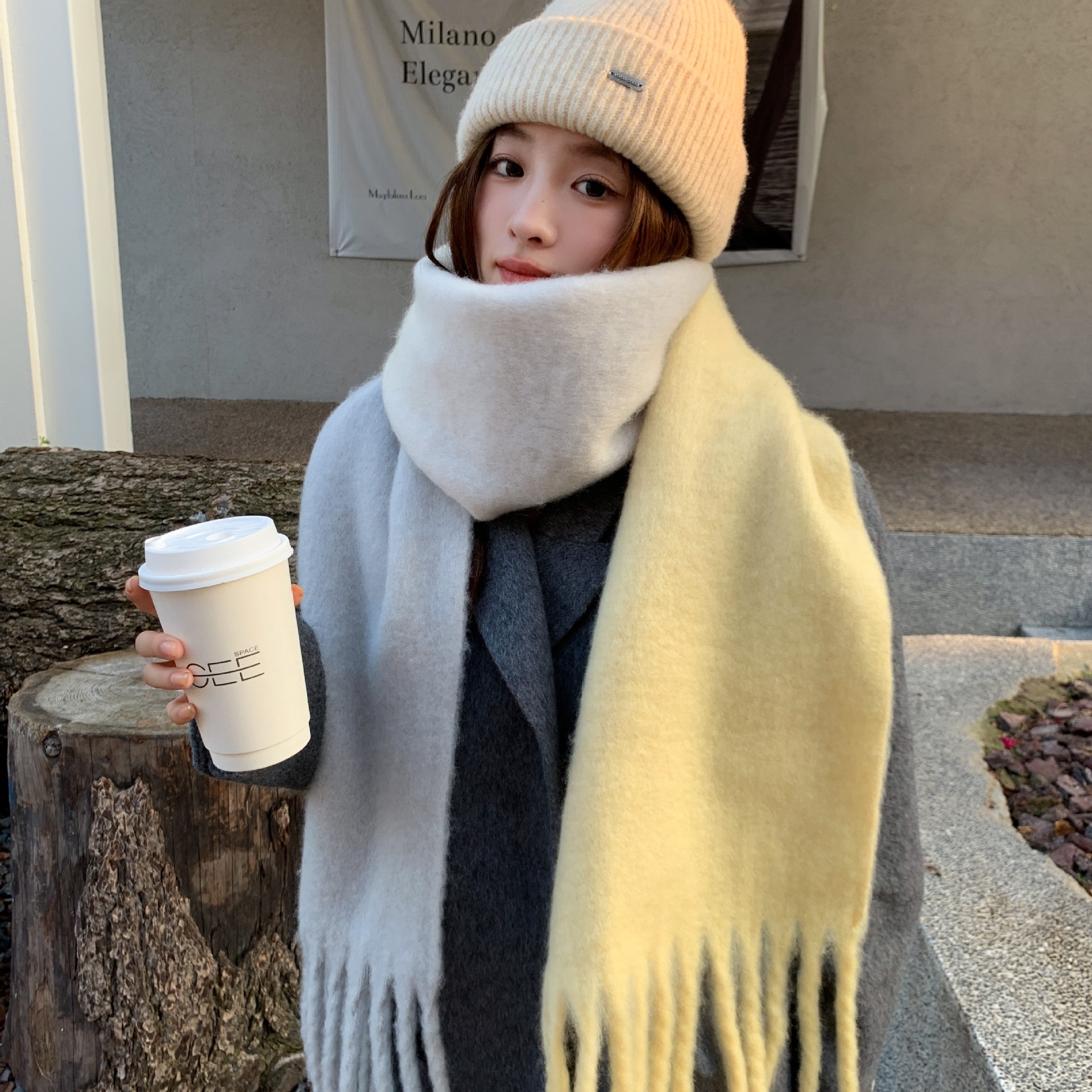 Invierno nuevo europeo y americano ins imitación Cachemira gruesa barba gradiente bufanda mujer mohair larga bufanda caliente chal