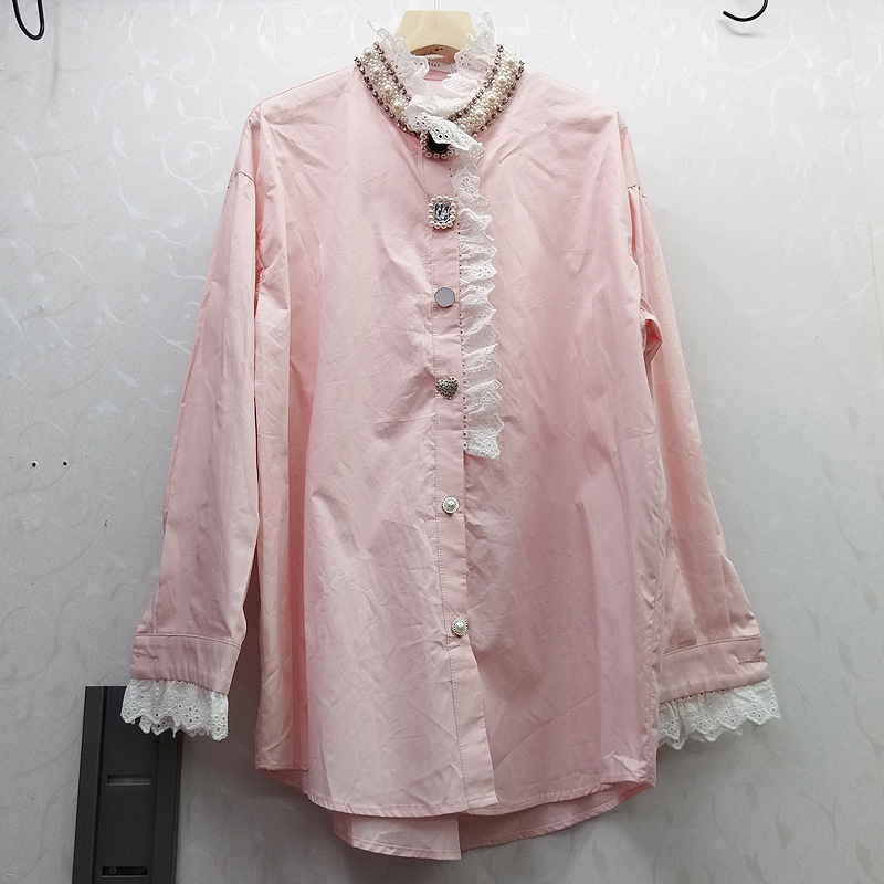 French-Style Light Luxury Stand Collar Patchwork Ruffle Lace Heavy Color Button Three-Dimensional Decoration Long-Sleeve Shirt Top Trendy